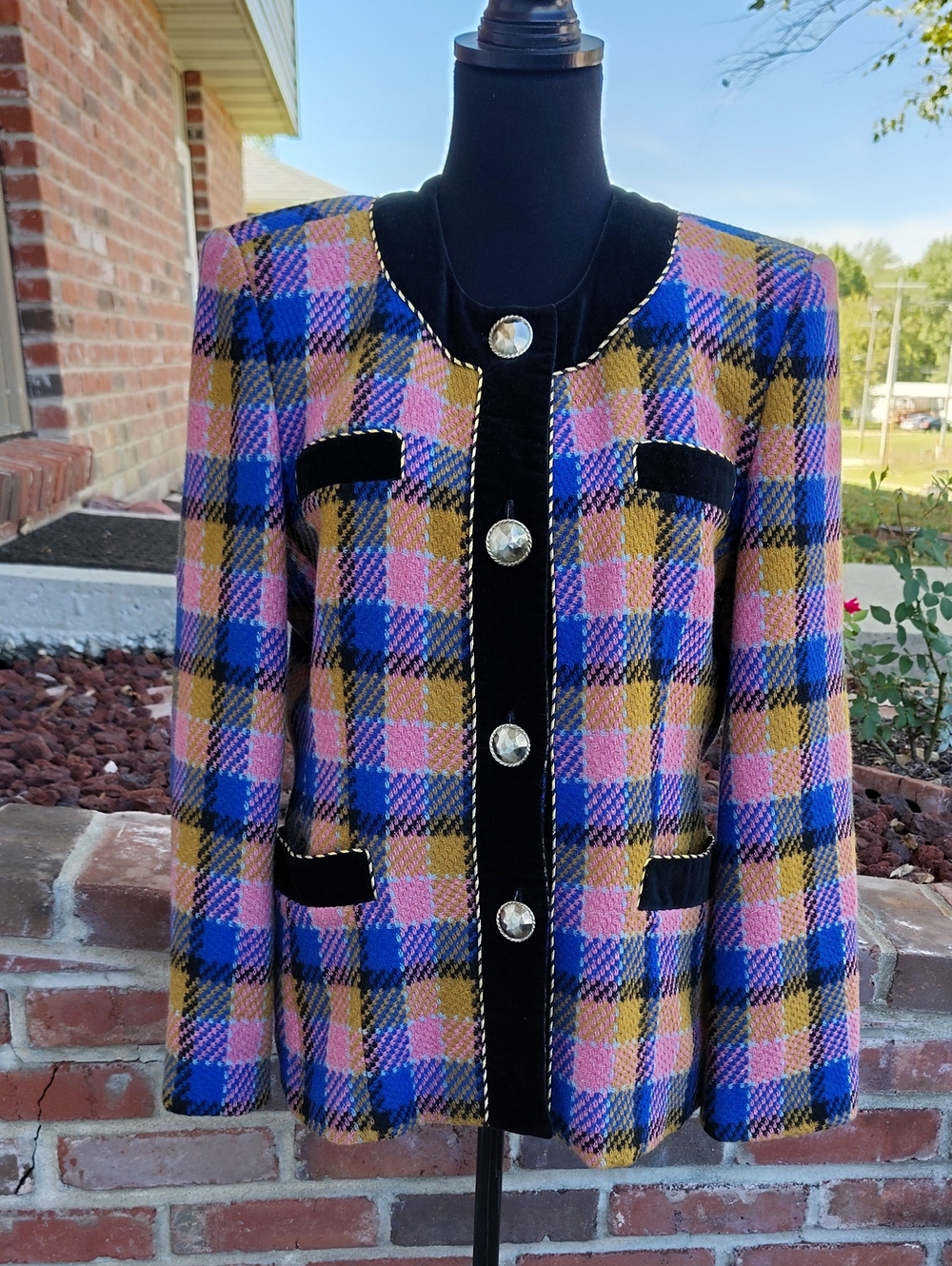 Vintage Florence Wool Mohair Tweed Velvet Plaid Blazer Size 42 Quiet Luxury 90s
